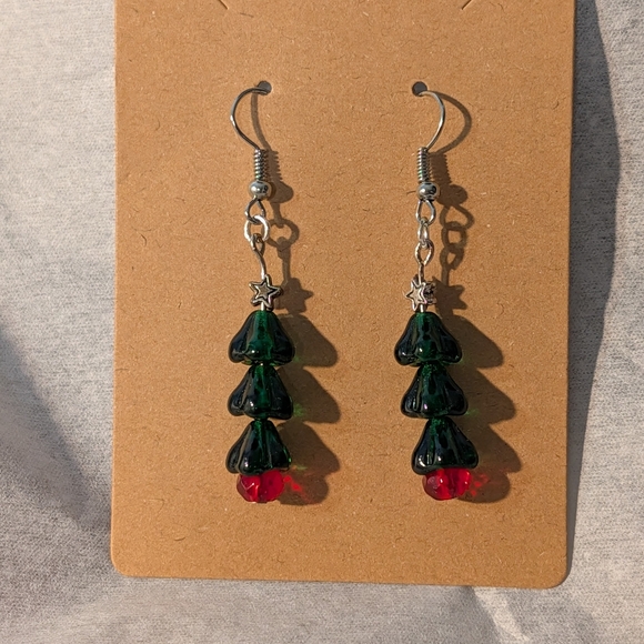 Empty Nest Creation Jewelry - Festive Green and Red Christmas Tree Earrings